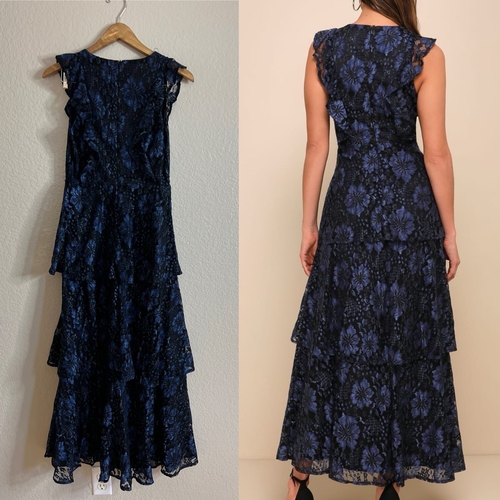Molinetto Navy Blue Lace Ruffled Tiered Sleeveless Maxi Dress - Picture 4 of 9